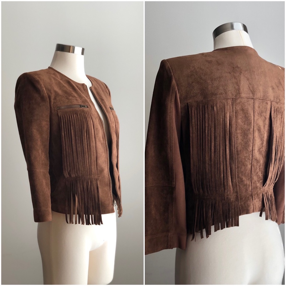 BCBG Boho Western Cowgirl Vintage Inspired Fringe Suede Brown Jacket Small